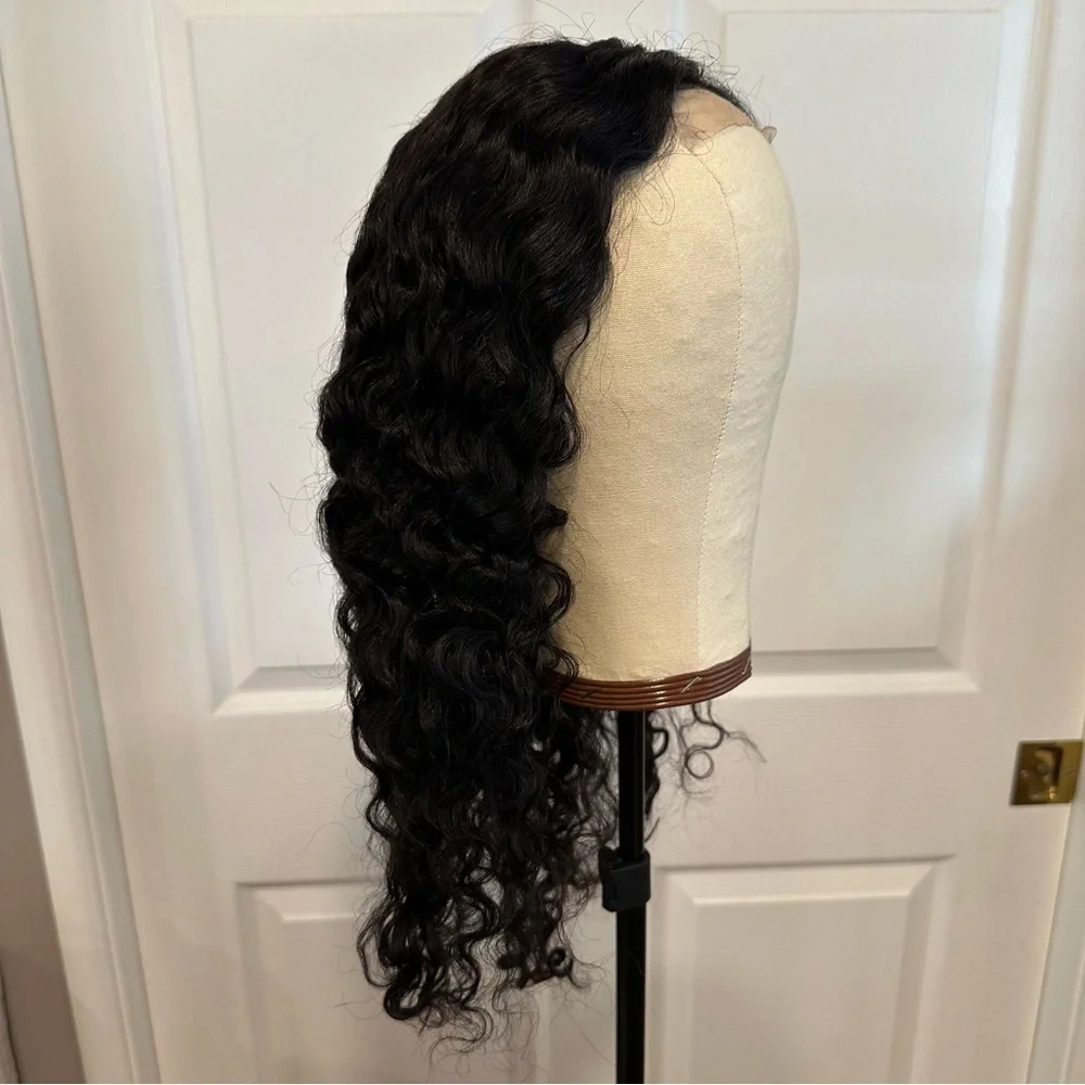 20”‎ Natural Black Water Wave Human Hair 4x4 Lace Closure Wig 150% #QB3